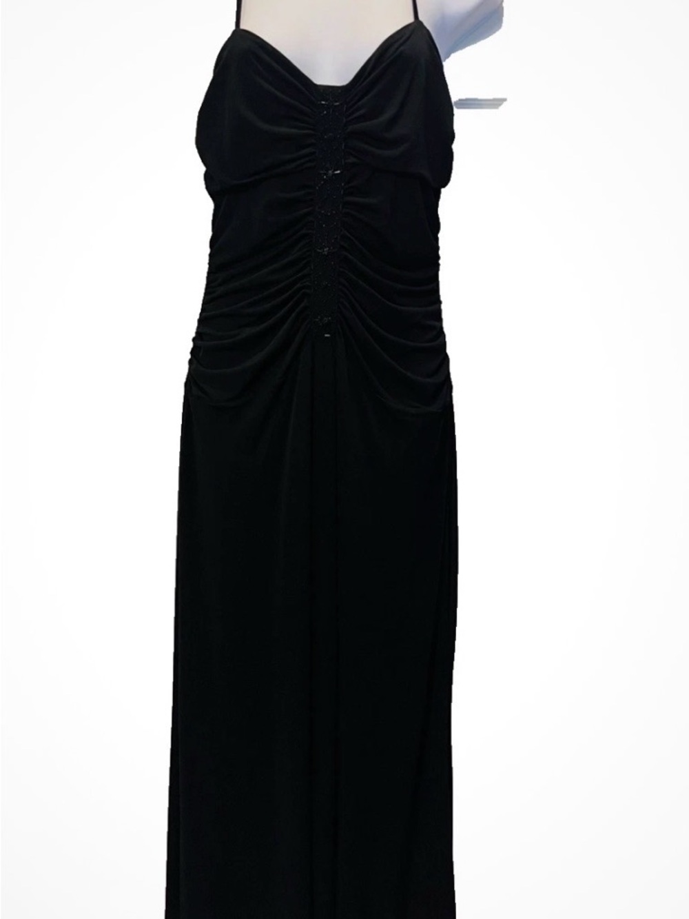 Max & Cleo Black Ruched Beaded Sequins V Neck Spaghetti Strap Maxi Dress New Tag